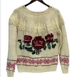 𝅺RARE! Vintage🌸Hand Knit Chunky Fair Isle Pullover Sweater Roses Size S…
